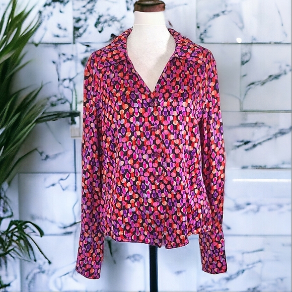 I.e. Women's Colorful Dotted Long Sleeve Button Down 100% Silk Blouse Size 12 - Picture 1 of 14